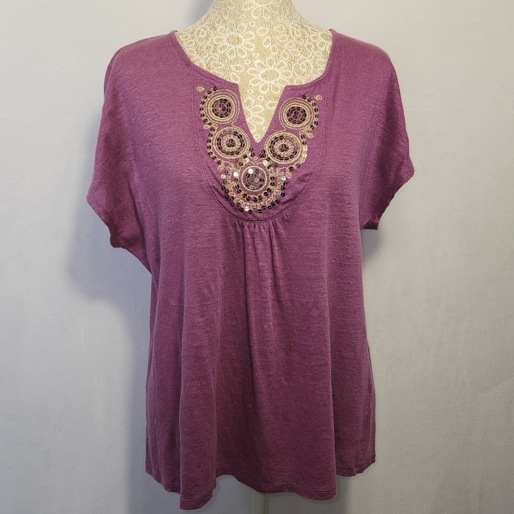 J Jill Purple Medallion Sequin Embroidered 100% Linen Boho Lightweight Top SZ M